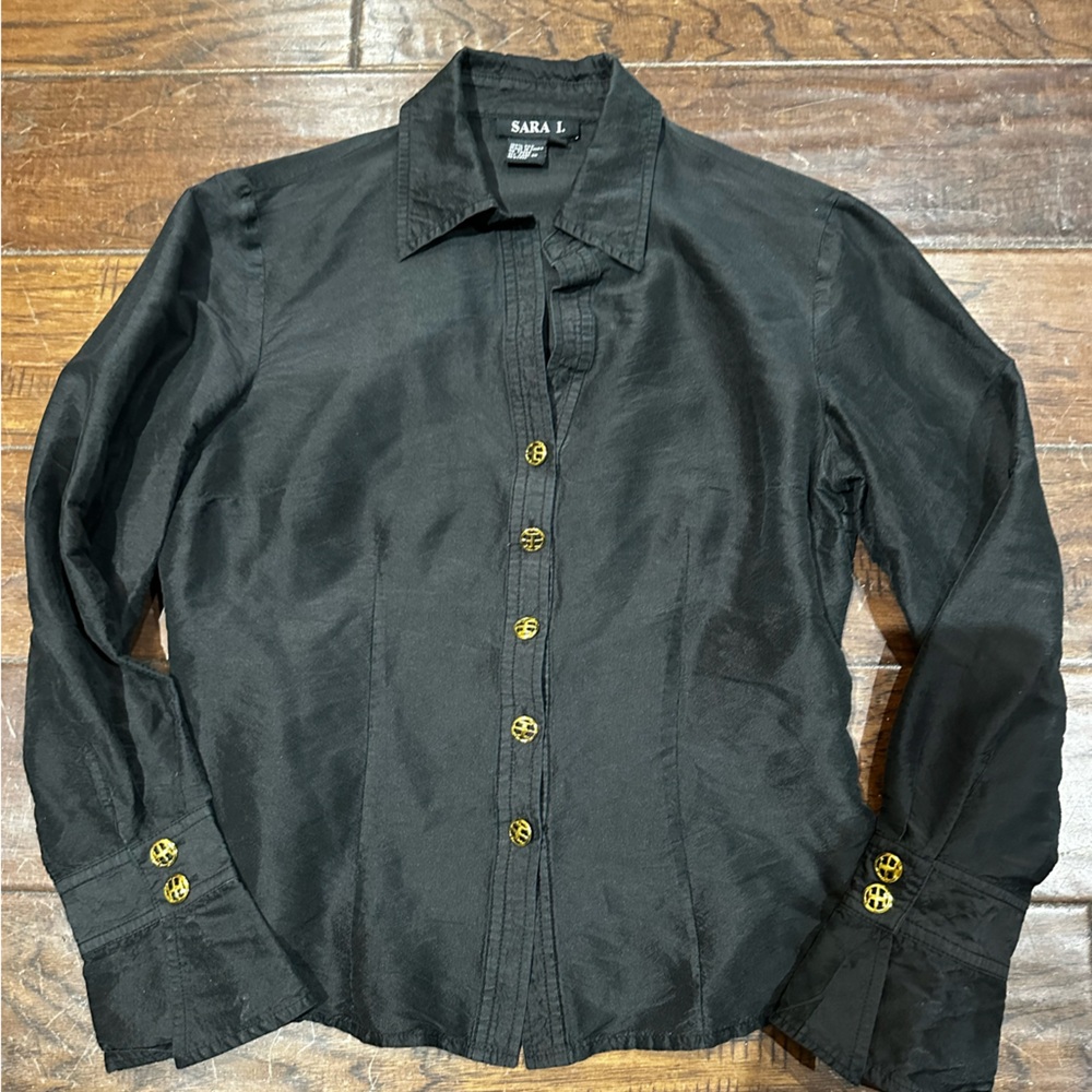 Sara I.‎ 100% Silk Black Shirt Jacket with Gold Accents Size S